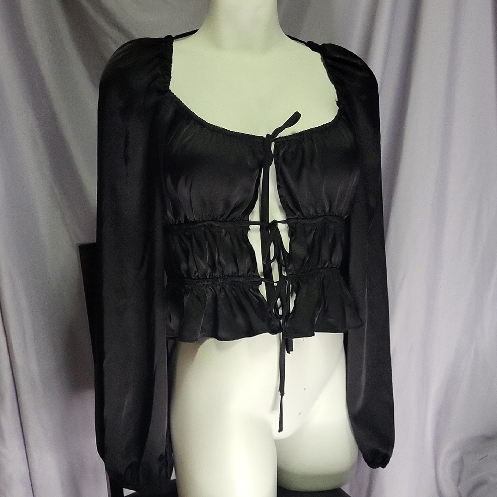 Mixed Threads Black Women's Silky Top with Tie Detail